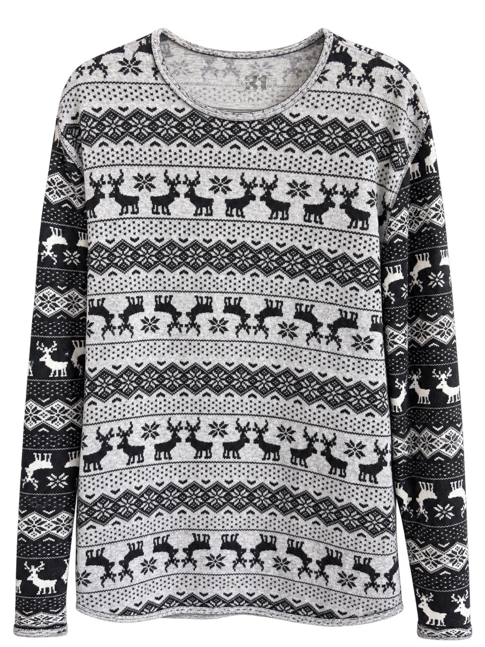 Simons Black & White Fair Isle Reindeer Lightweight Knit Sweater Size M